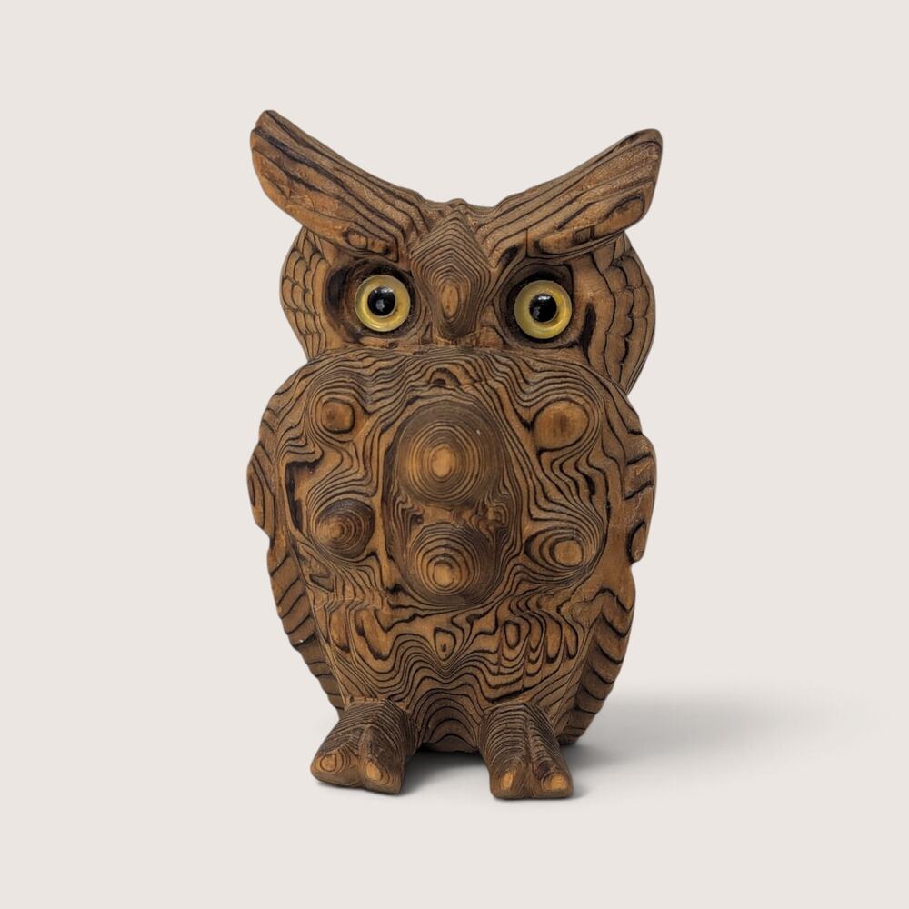 Vintage Wooden Owl Figurine Hand Carved Exotic Wood 1980s Folk Art Decor